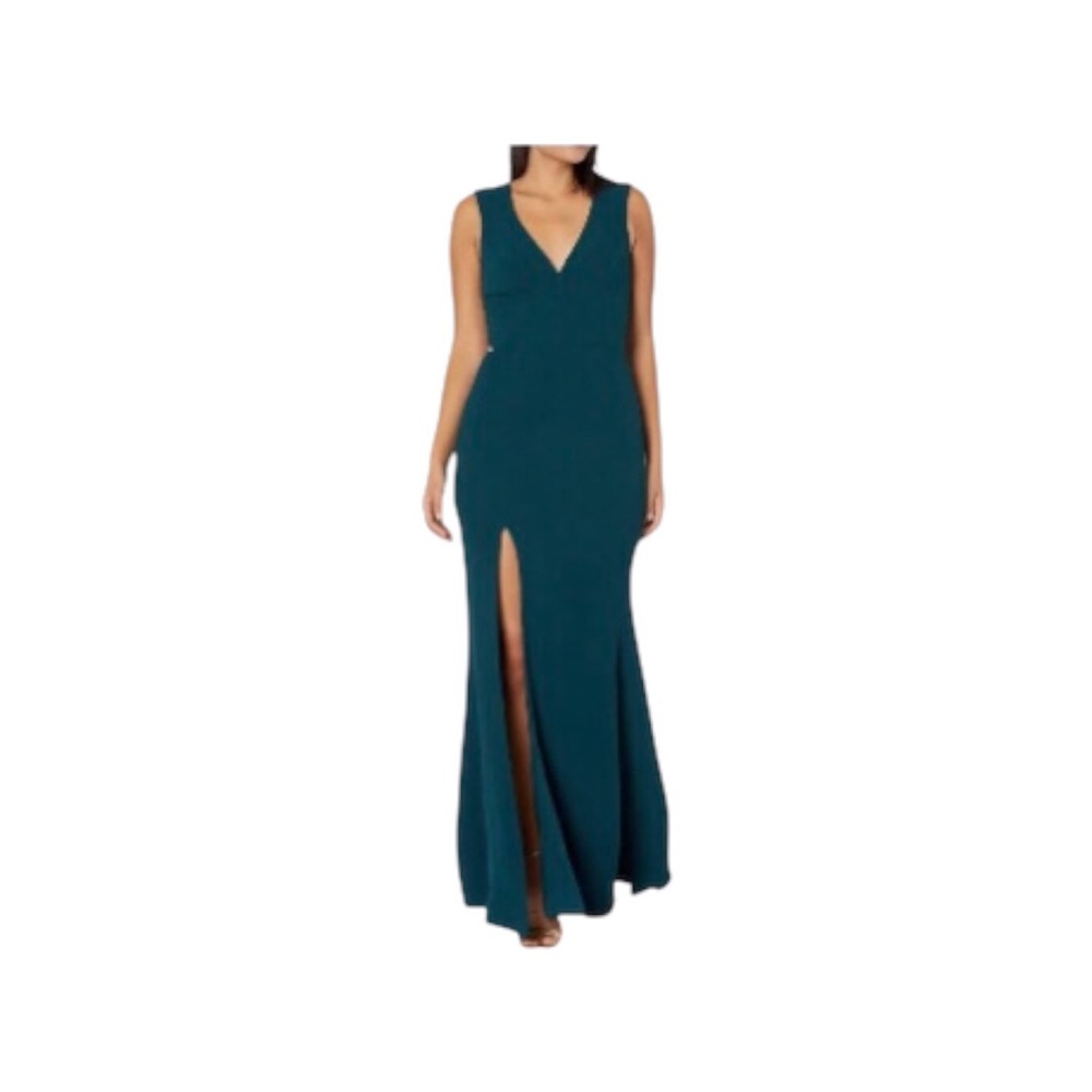 Dress The Population.  Sandra Green Sage Mermaid V-Neck V-Back Sleeveless Gown L